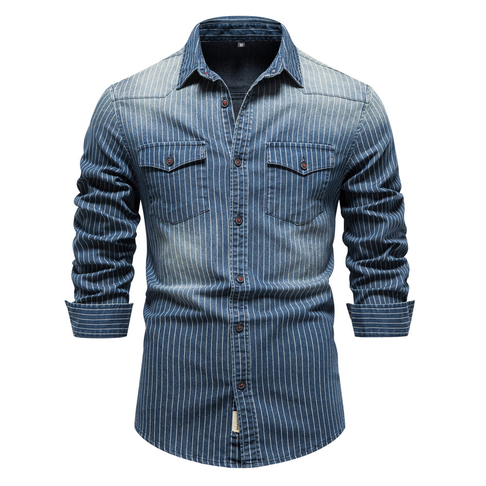 Men's Washed Stripe Denim Shirt Additional Image 2