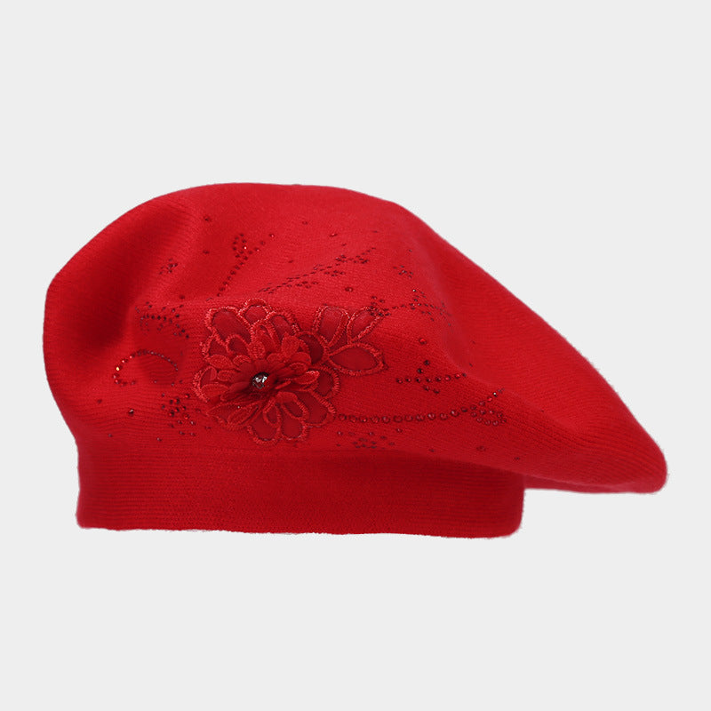 Rhinestone Flower Knit Beret - Chic Artist Painter Hat Additional Image 2