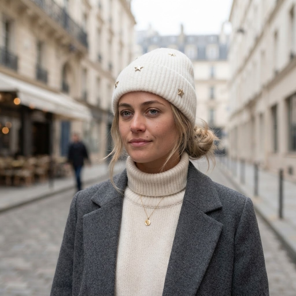 Star Knit Beanie | Ribbed Winter Hat with Gold Stars — lifestyle photo worn by a model