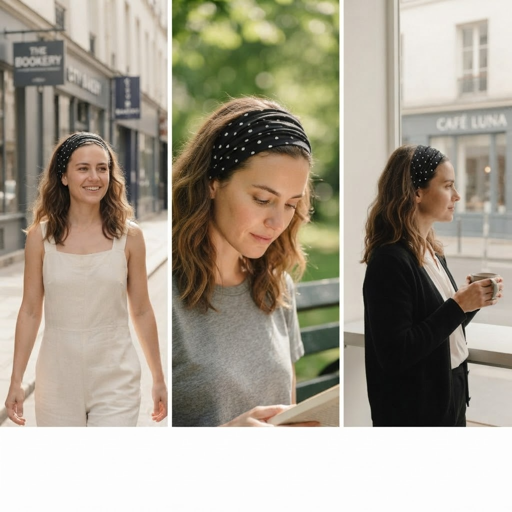 Wide Elastic Polka Dot Headband for Women — lifestyle photo worn by a model