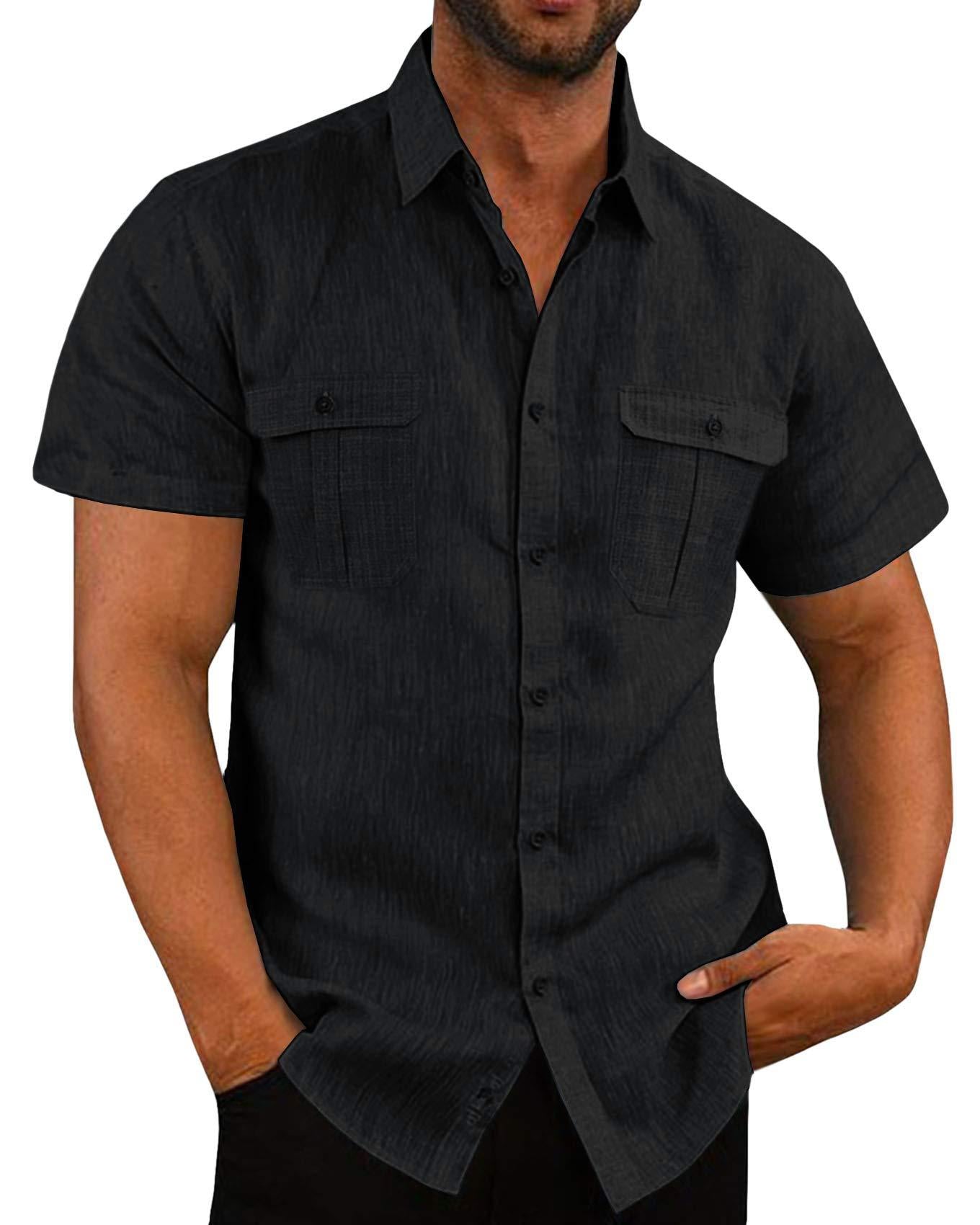 Men's Cotton Linen Short Sleeve Shirt - Double Pocket Casual Additional Image 2