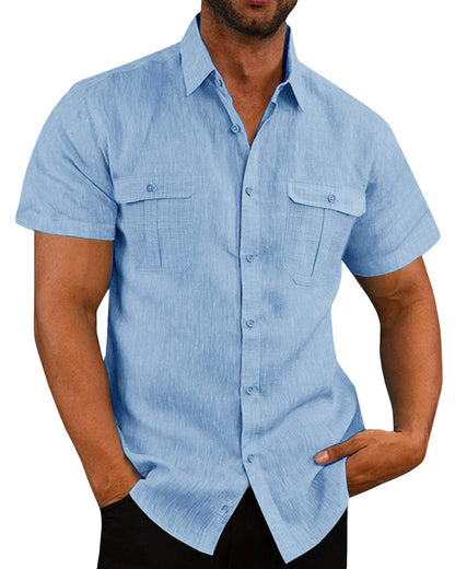 Men's Cotton Linen Short Sleeve Shirt - Double Pocket Casual Additional Image 3