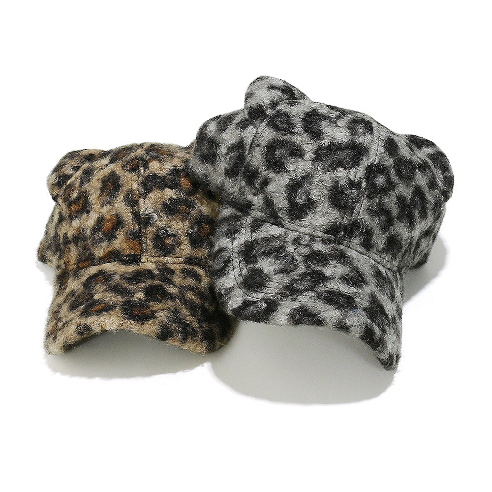 Cute Bear Ear Leopard Print Fuzzy Baseball Cap Additional Image 3
