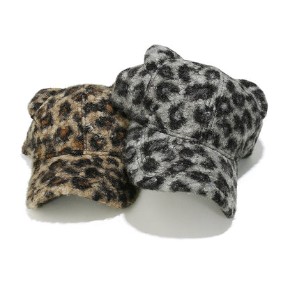Cute Bear Ear Leopard Print Fuzzy Baseball Cap Additional Image 3