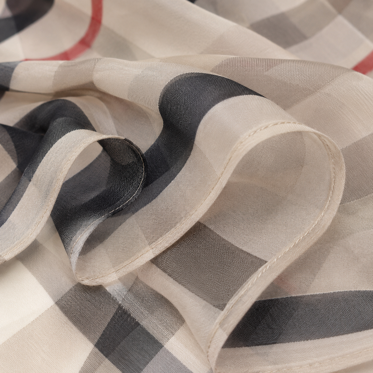 British Plaid Silk Scarf - Lightweight Summer Shawl — close-up detail of material and stitching