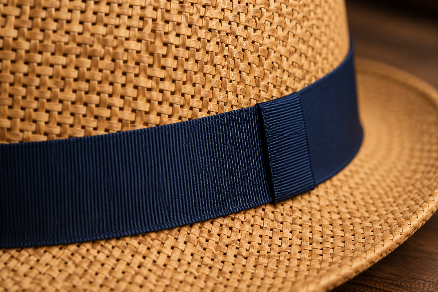 Vintage British Panama Straw Hat with Wide Brim — close-up detail of material and stitching