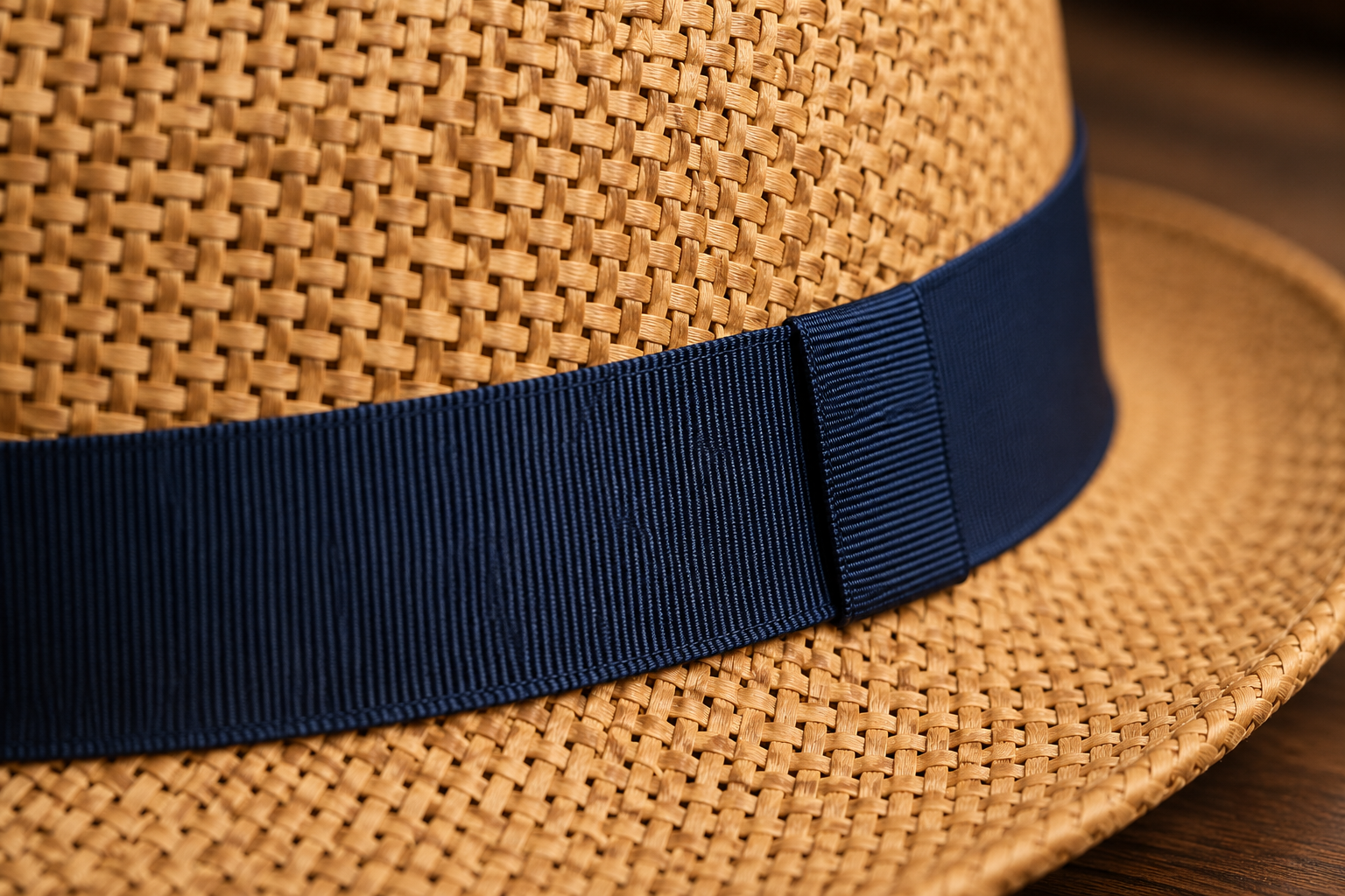 Vintage British Panama Straw Hat with Wide Brim — close-up detail of material and stitching