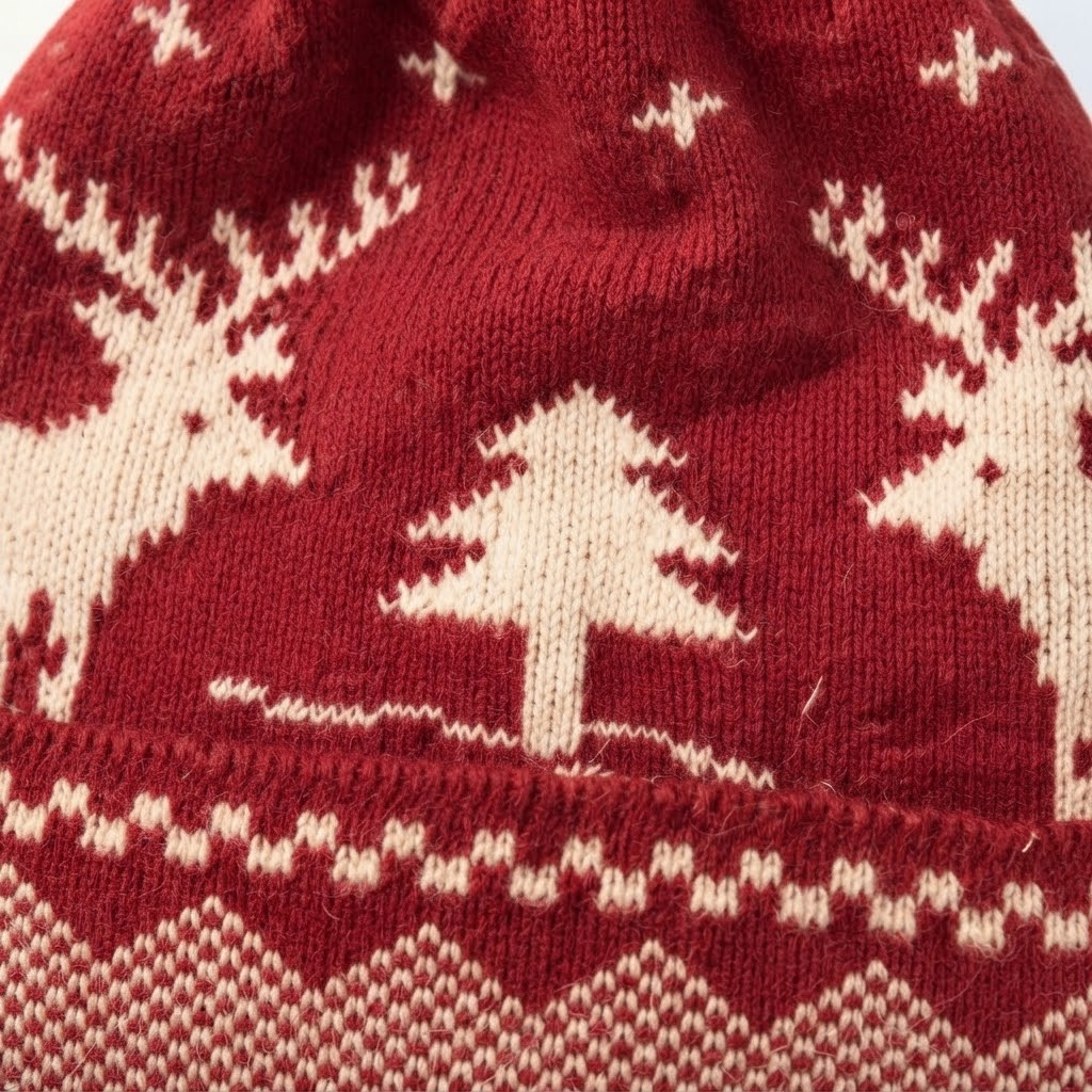 Reindeer & Tree Pom-Pom Beanie – Cozy Winter Knit Hat for Holiday Season — close-up detail of material and stitching