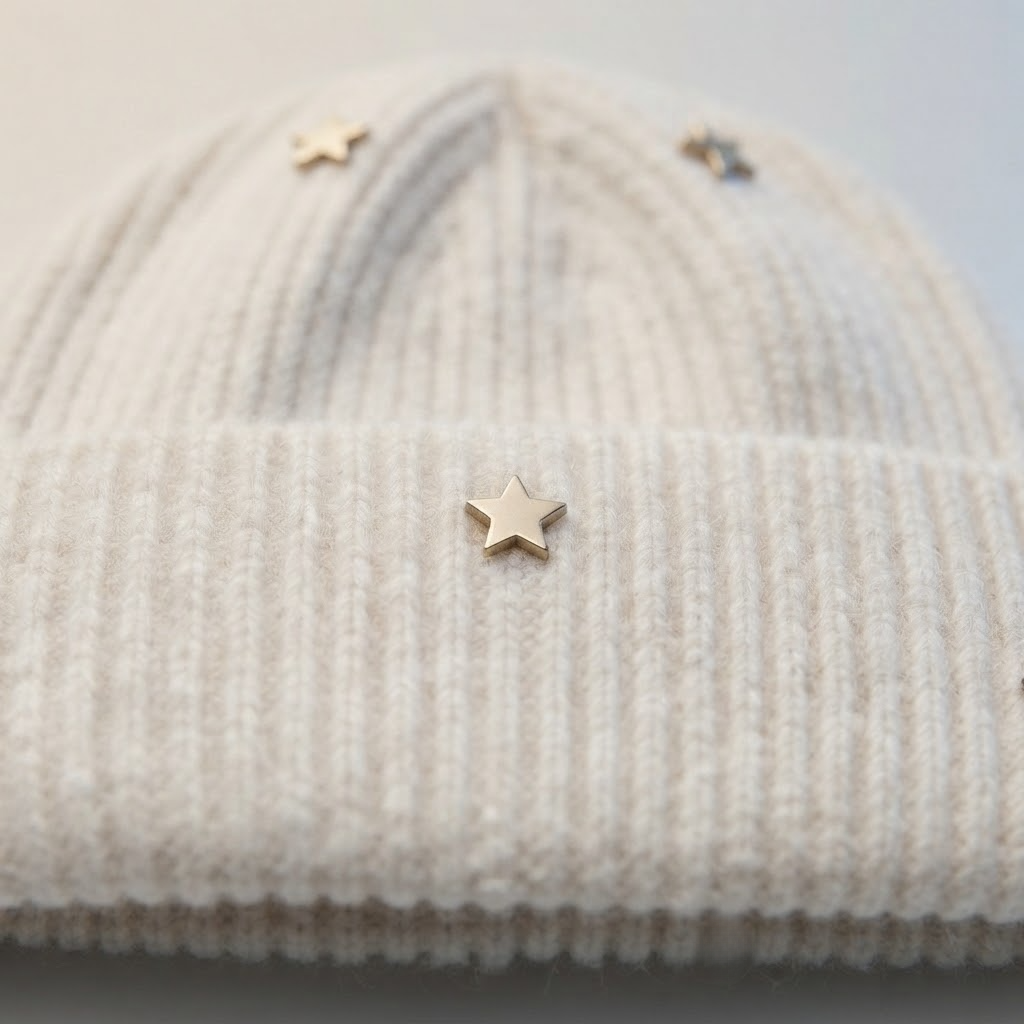Star Knit Beanie | Ribbed Winter Hat with Gold Stars — close-up detail of material and stitching