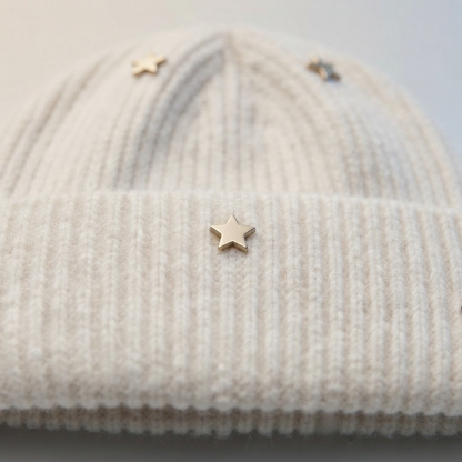 Star Knit Beanie | Ribbed Winter Hat with Gold Stars — close-up detail of material and stitching