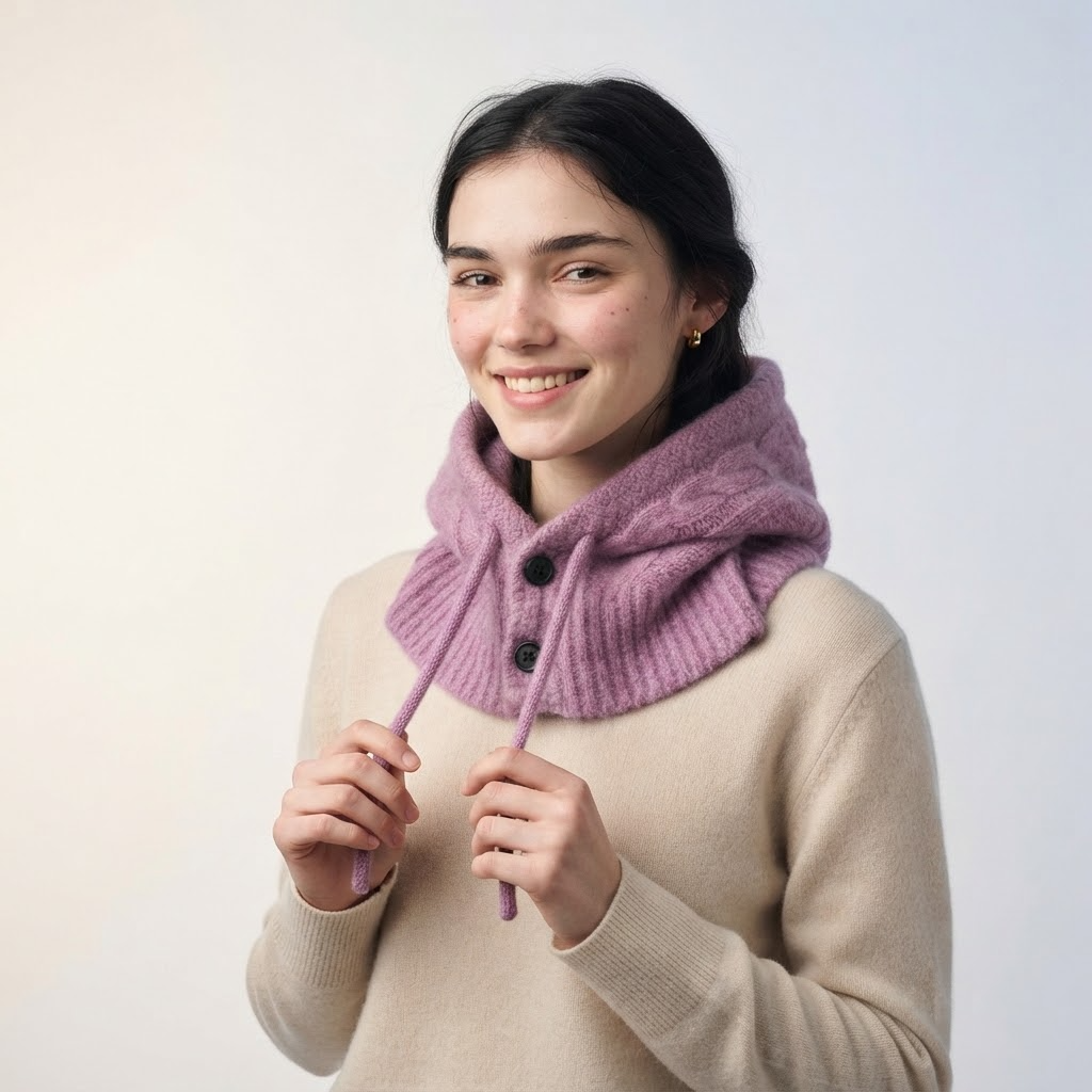 Wool Knit Hooded Scarf - All-in-One Winter Hat — worn by a model showing the fit