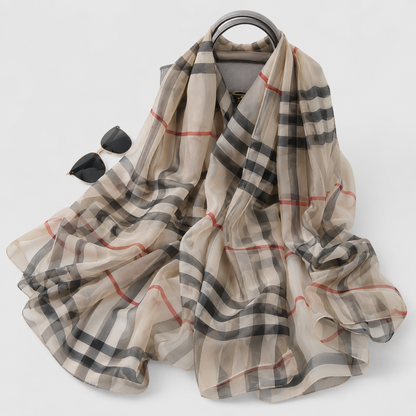 British Plaid Silk Scarf - Lightweight Summer Shawl — detail photo showing construction