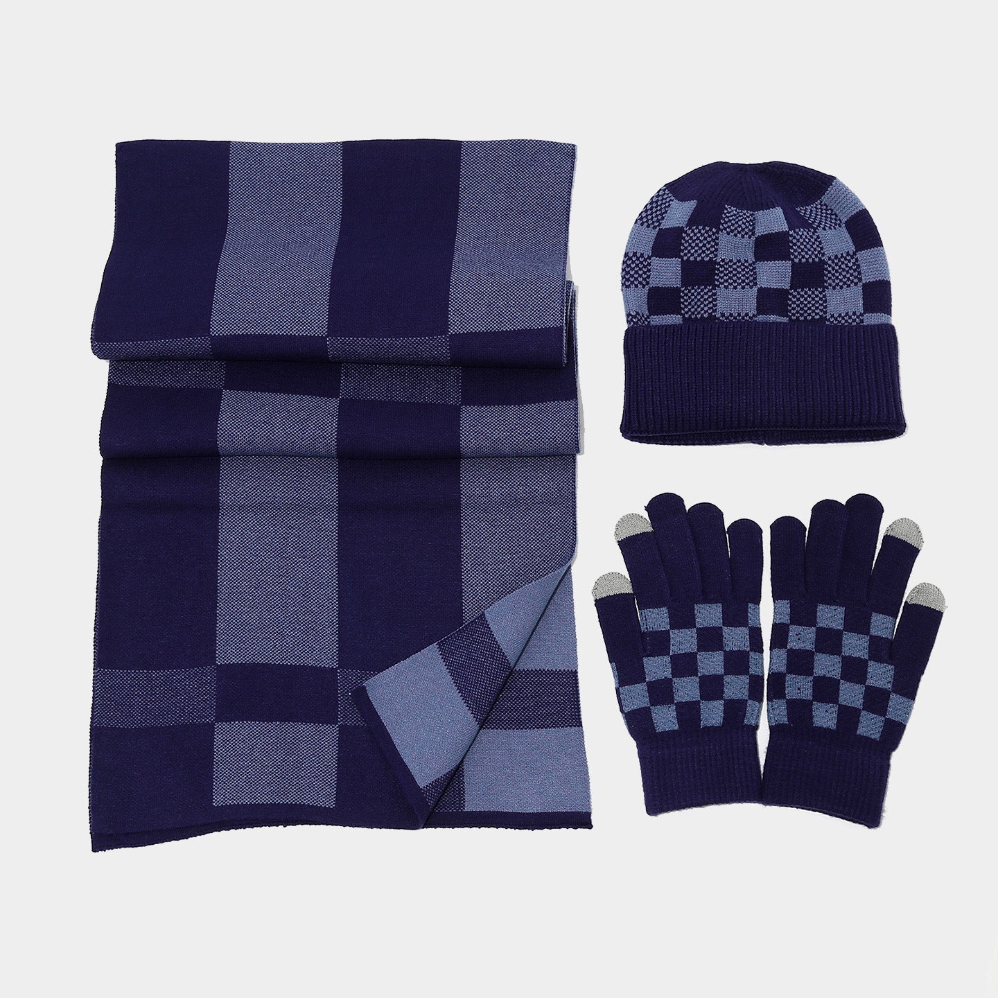 Checkerboard Plaid Knit Hat Scarf & Gloves Set Additional Image 4