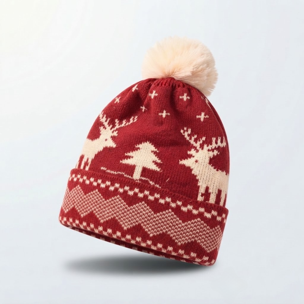 Reindeer & Tree Pom-Pom Beanie – Cozy Winter Knit Hat for Holiday Season — detail photo showing construction