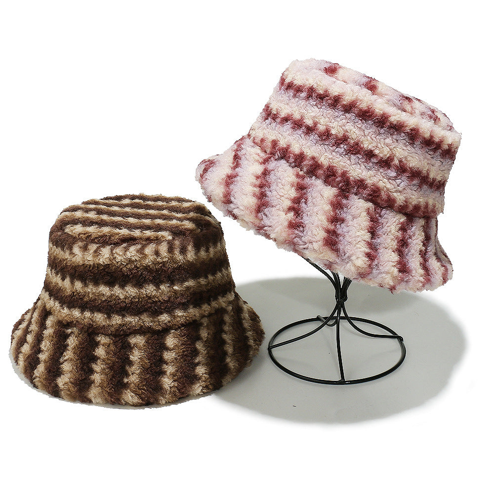 Cozy Lamb Hair Plush Fisherman Hat - Gradient Stripes Additional Image 4