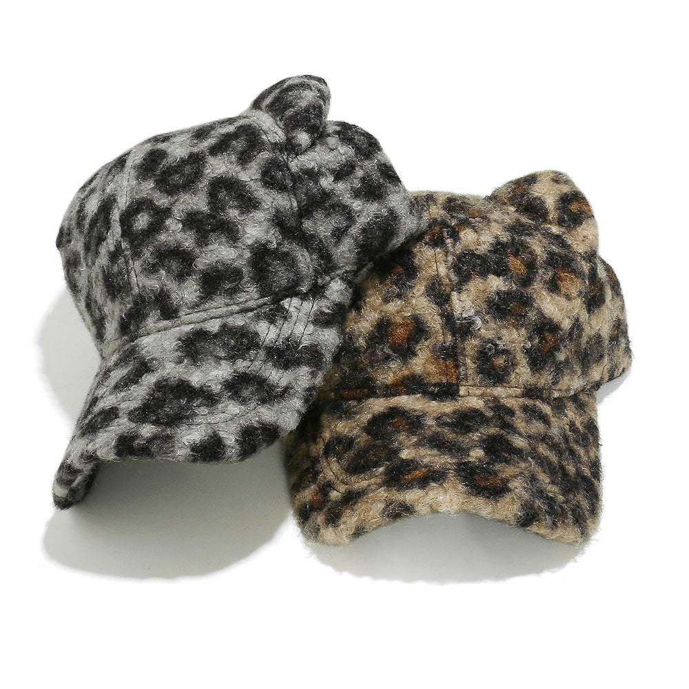Cute Bear Ear Leopard Print Fuzzy Baseball Cap Additional Image 4