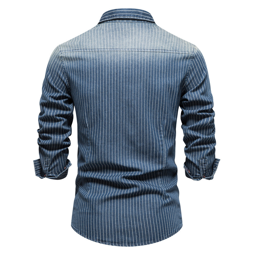 Men's Washed Stripe Denim Shirt Additional Image 5