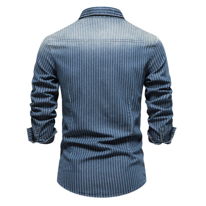 Men's Washed Stripe Denim Shirt Additional Image 5