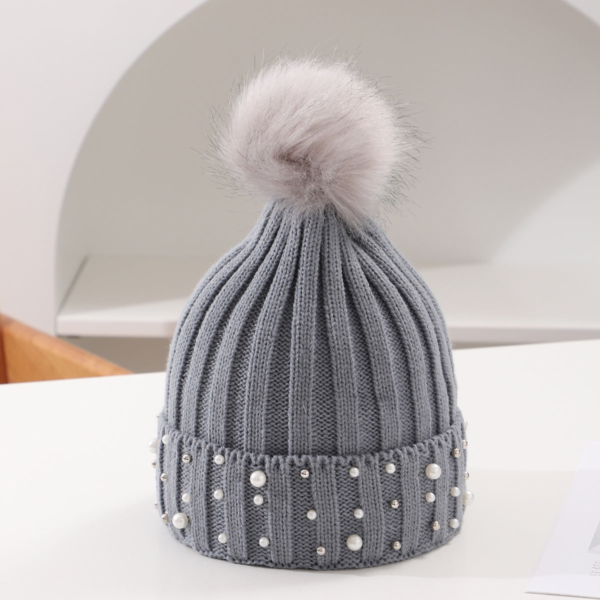 Pearl Knit Pom-Pom Beanie - Cozy Winter Hat Additional Image 5