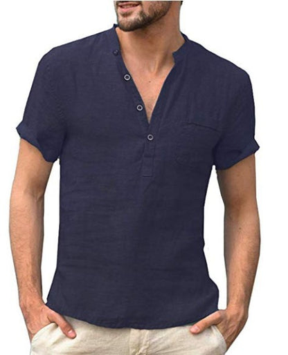 Men's Cotton Linen Stand-Up Collar Henley Shirt Additional Image 5