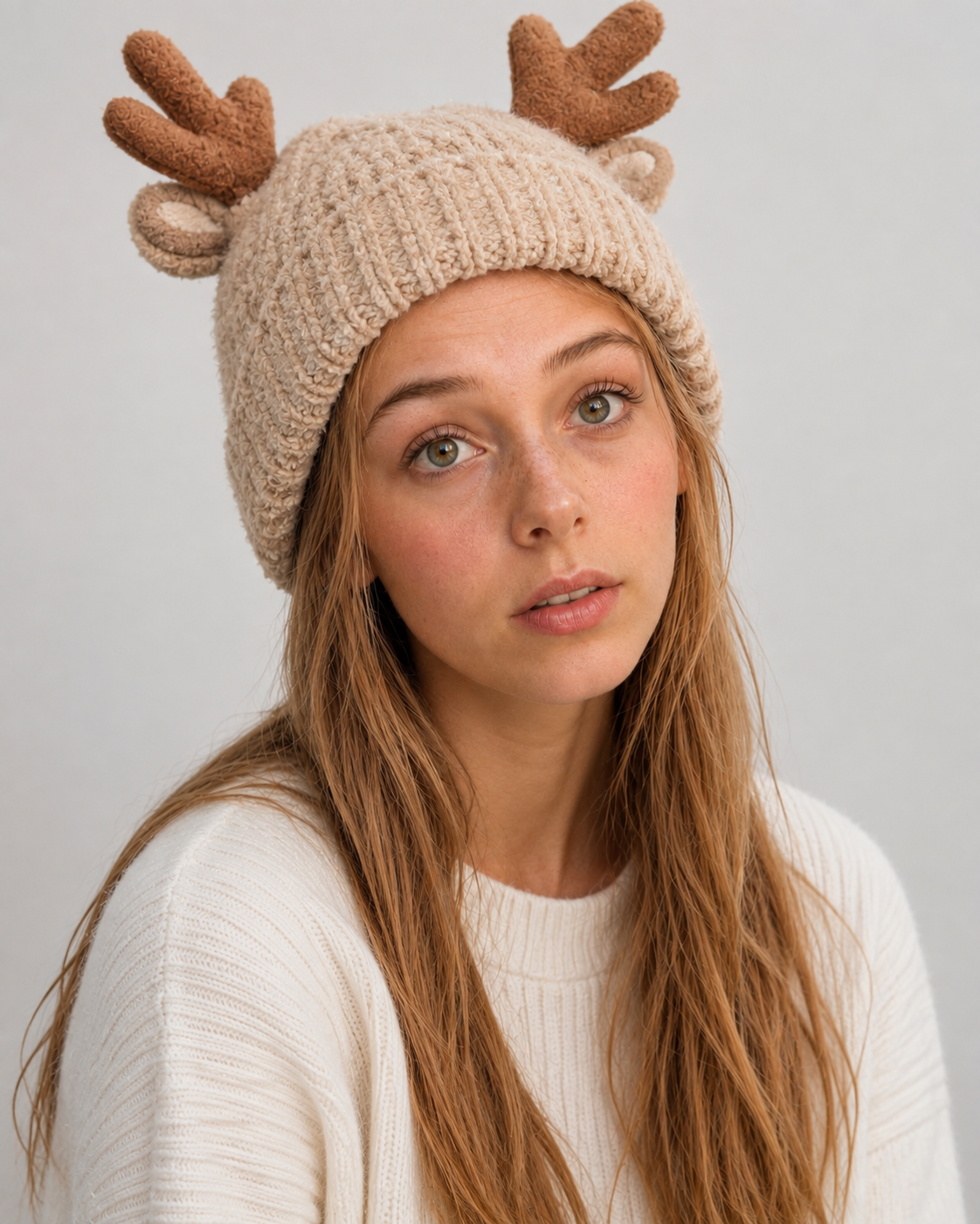Reindeer Antler Plush Knit Beanie — worn by a model showing the fit