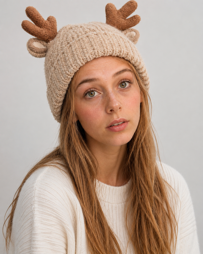 Reindeer Antler Plush Knit Beanie — worn by a model showing the fit
