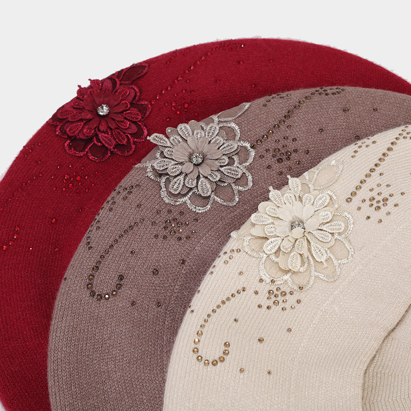 Rhinestone Flower Knit Beret - Chic Artist Painter Hat Additional Image 5