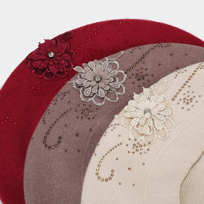 Rhinestone Flower Knit Beret - Chic Artist Painter Hat Additional Image 5