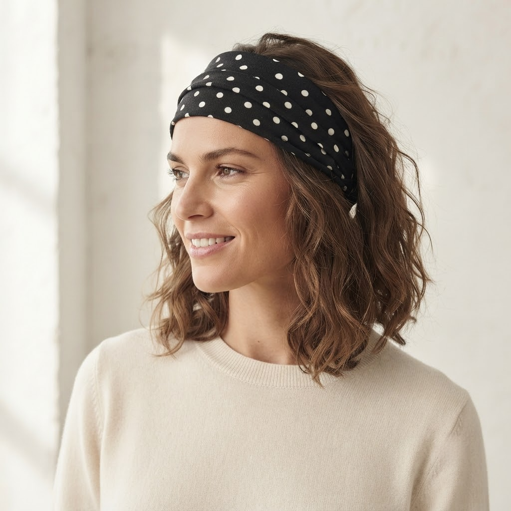 Wide Elastic Polka Dot Headband for Women — worn by a model showing the fit