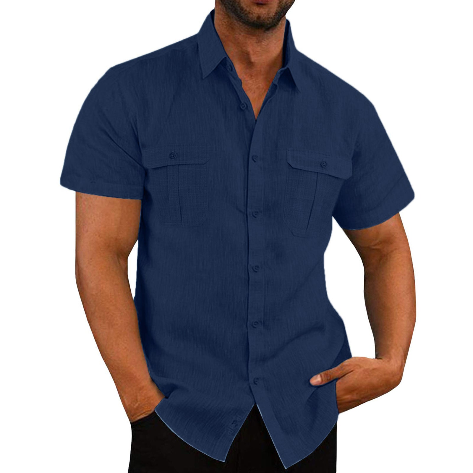 Men's Cotton Linen Short Sleeve Shirt - Double Pocket Casual Additional Image 6