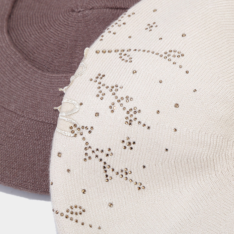 Rhinestone Flower Knit Beret - Chic Artist Painter Hat Additional Image 7