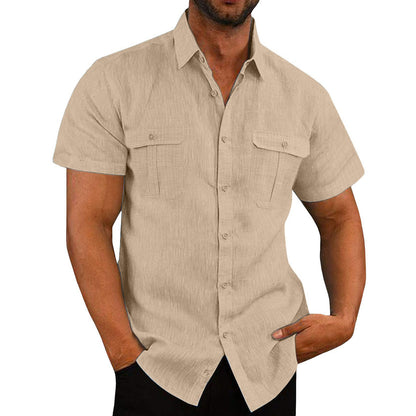 Men's Cotton Linen Short Sleeve Shirt - Double Pocket Casual Additional Image 7