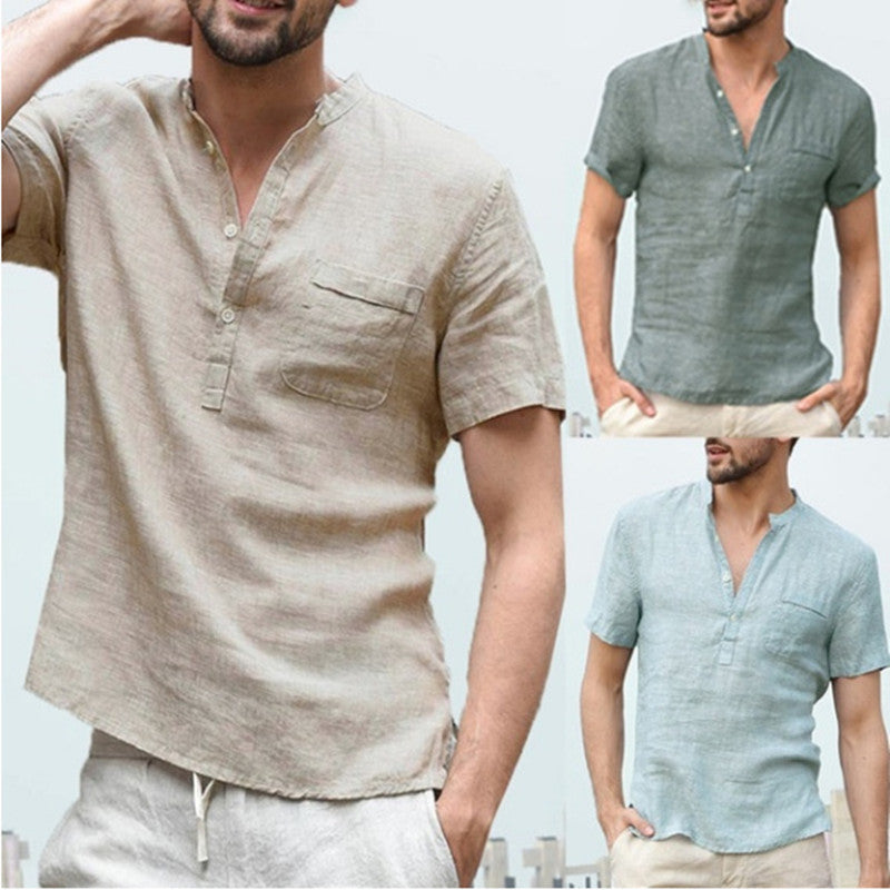 Men's Cotton Linen Stand-Up Collar Henley Shirt Additional Image 8