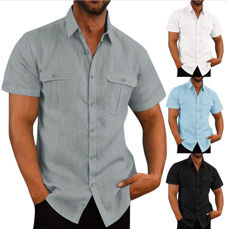 Men's Cotton Linen Short Sleeve Shirt - Double Pocket Casual Additional Image 8