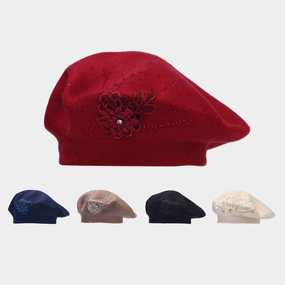 Rhinestone Flower Knit Beret - Chic Artist Painter Hat Additional Image 9