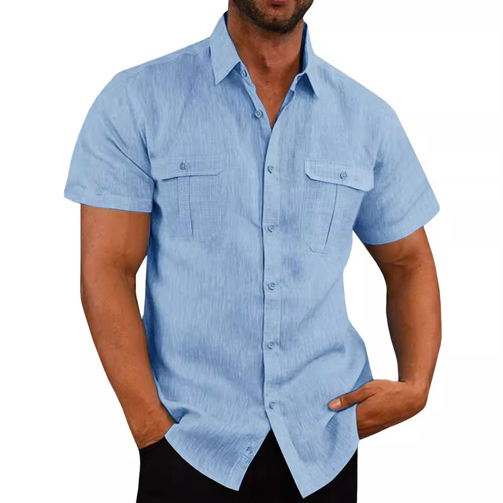 Men's Cotton Linen Short Sleeve Shirt - Double Pocket Casual Additional Image 9