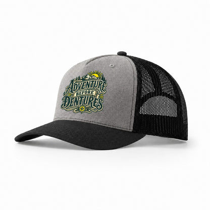 Adventure Before Dentures Retired Living Trucker Hat – Grey Black