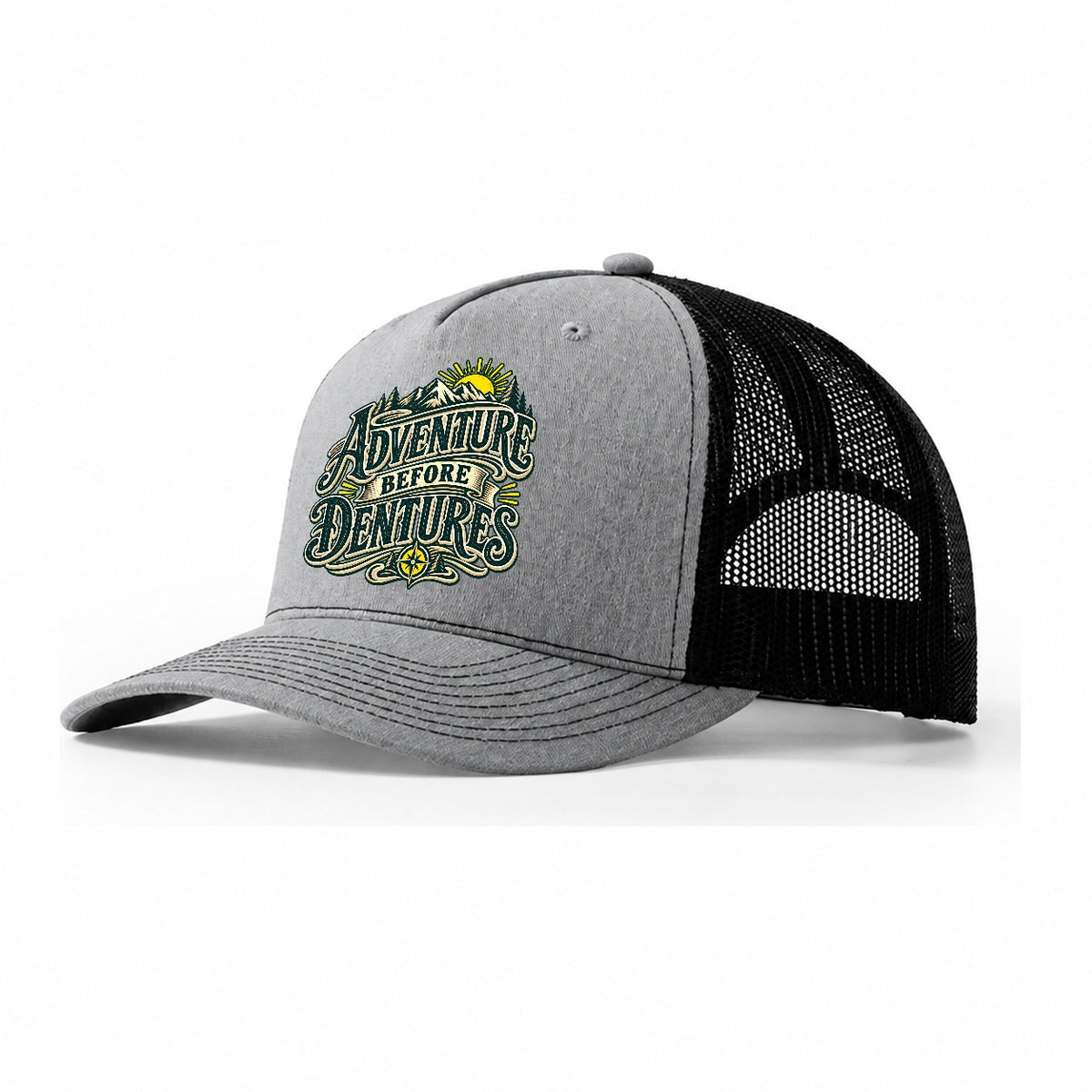 Adventure Before Dentures Retired Living Trucker Hat – Sport Grey Black