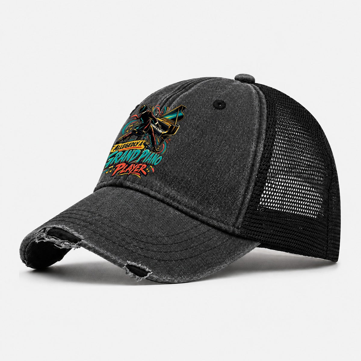 Allegedly A Grand Piano Player Music Instruments Washed Trucker Hat – Black