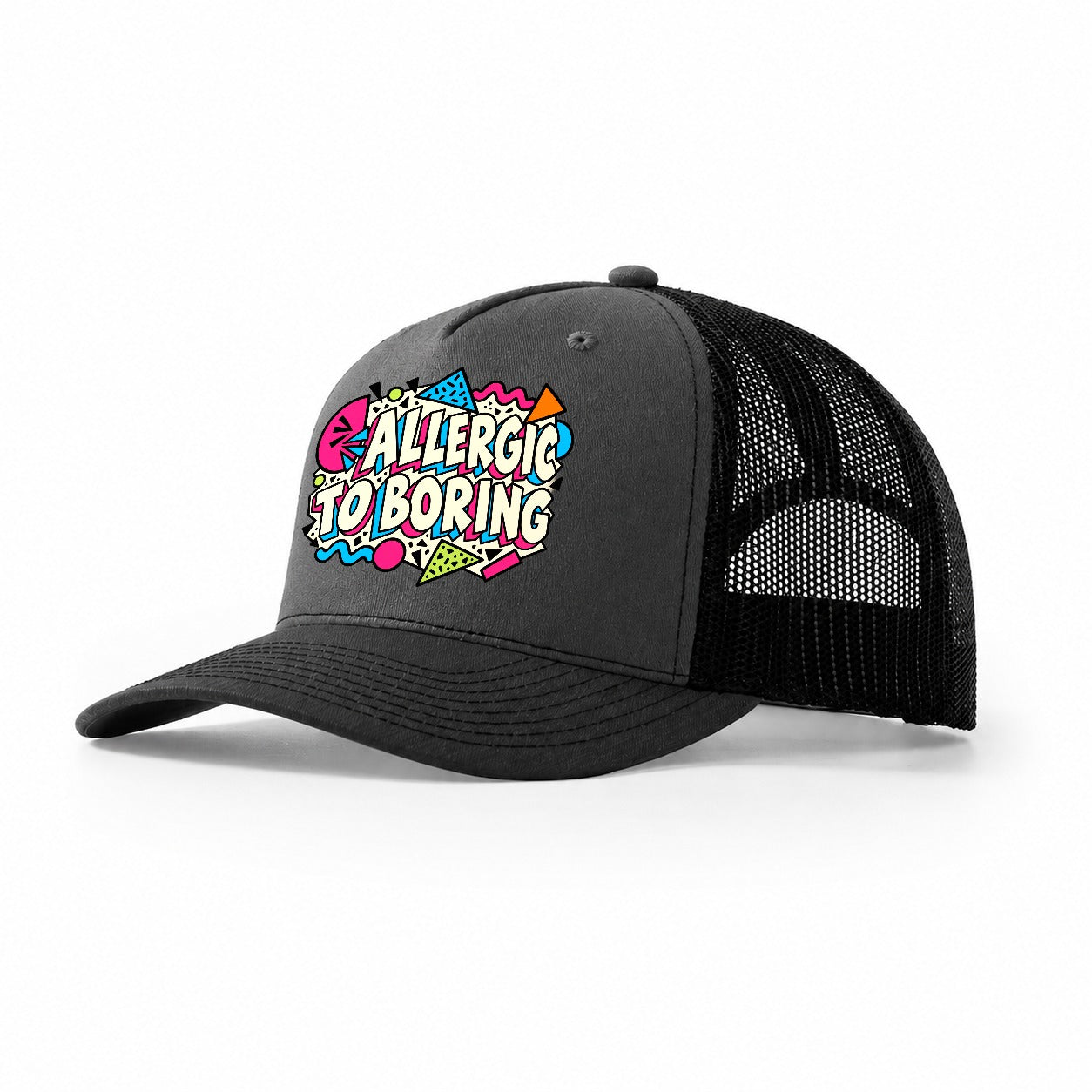 Allergic To Boring Crazy Styles Trucker Hat – Dark Grey Black