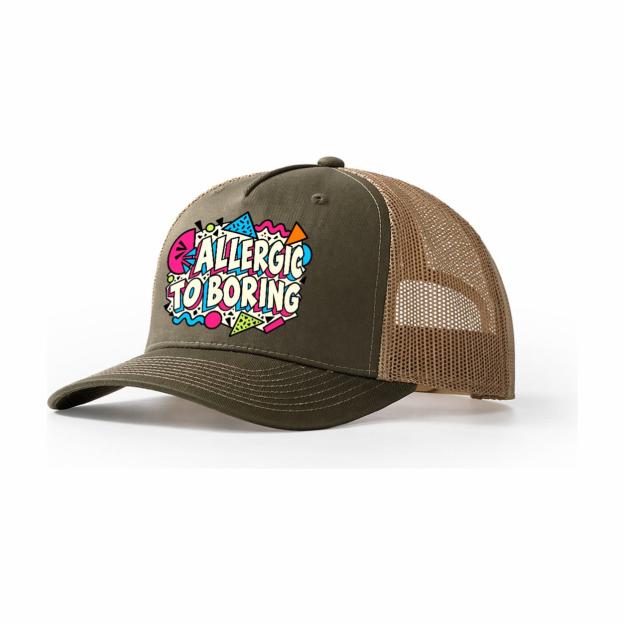Allergic To Boring Crazy Styles Trucker Hat – Olive Khaki