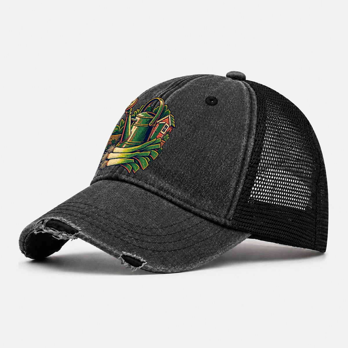 Allotment Shed Watering Can And Leeks Uk Culture Heritage Washed Trucker Hat – Black