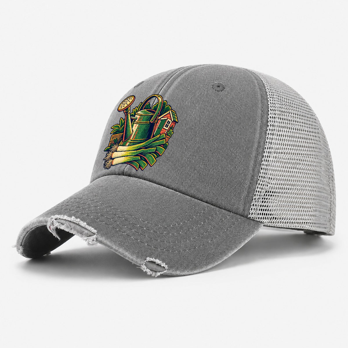 Allotment Shed Watering Can And Leeks Uk Culture Heritage Washed Trucker Hat – Grey