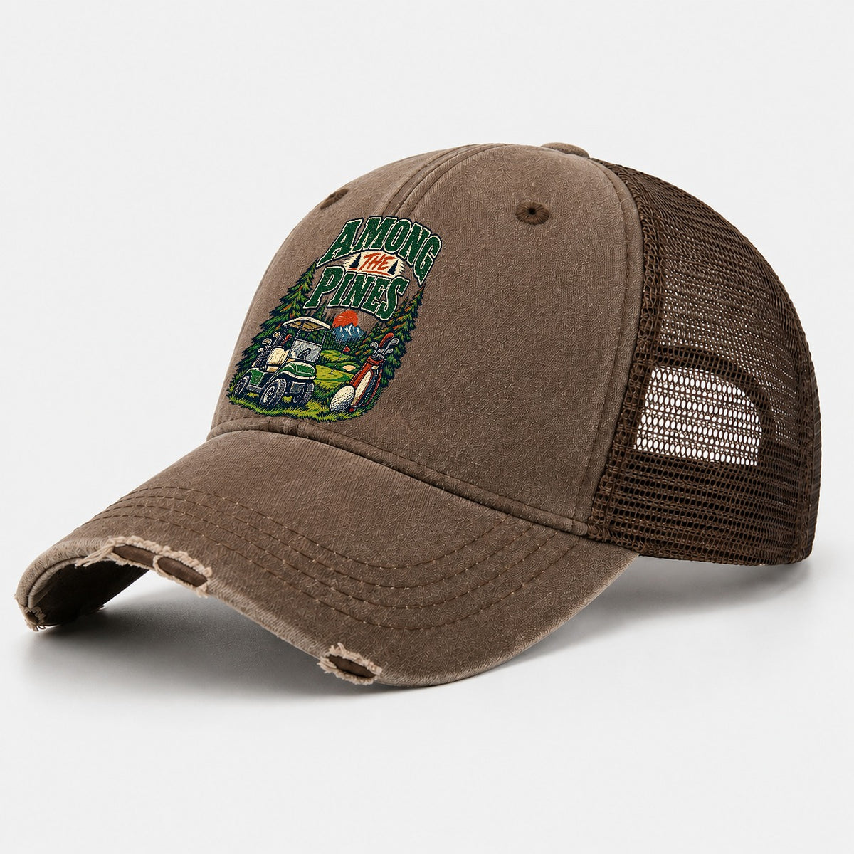 Among The Pines Golf Life Washed Trucker Hat – Coffee