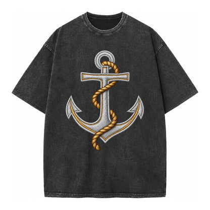 Anchor And Rope Nautical Illustration Vintage T-shirt – Black