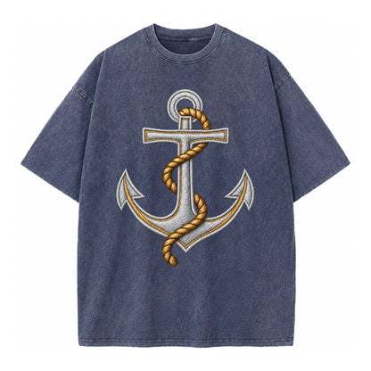 Anchor And Rope Nautical Illustration Vintage T-shirt – Blue