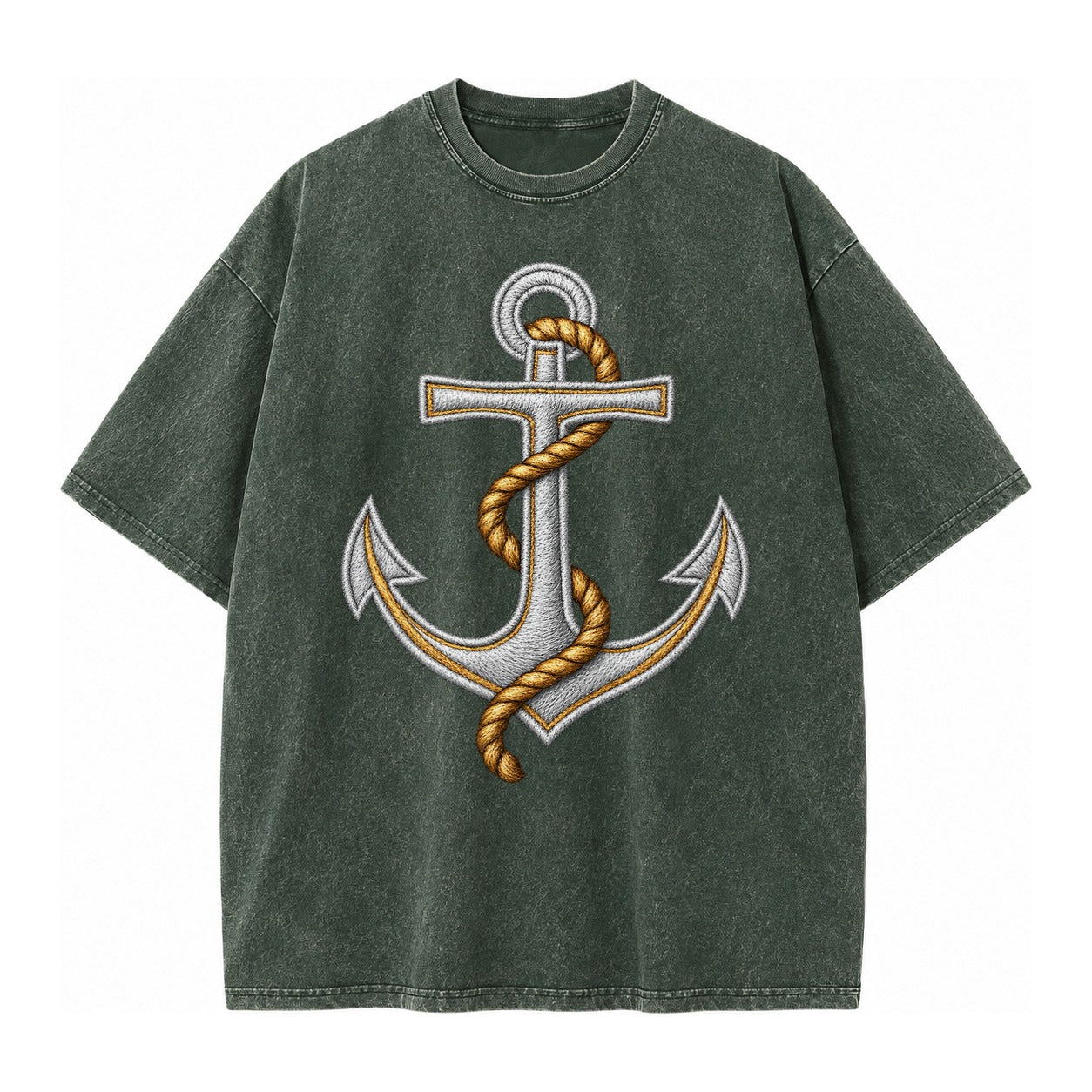 Anchor And Rope Nautical Illustration Vintage T-shirt – Forest Mist(Green)