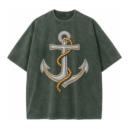 Anchor And Rope Nautical Illustration Vintage T-shirt – Forest Mist(Green)