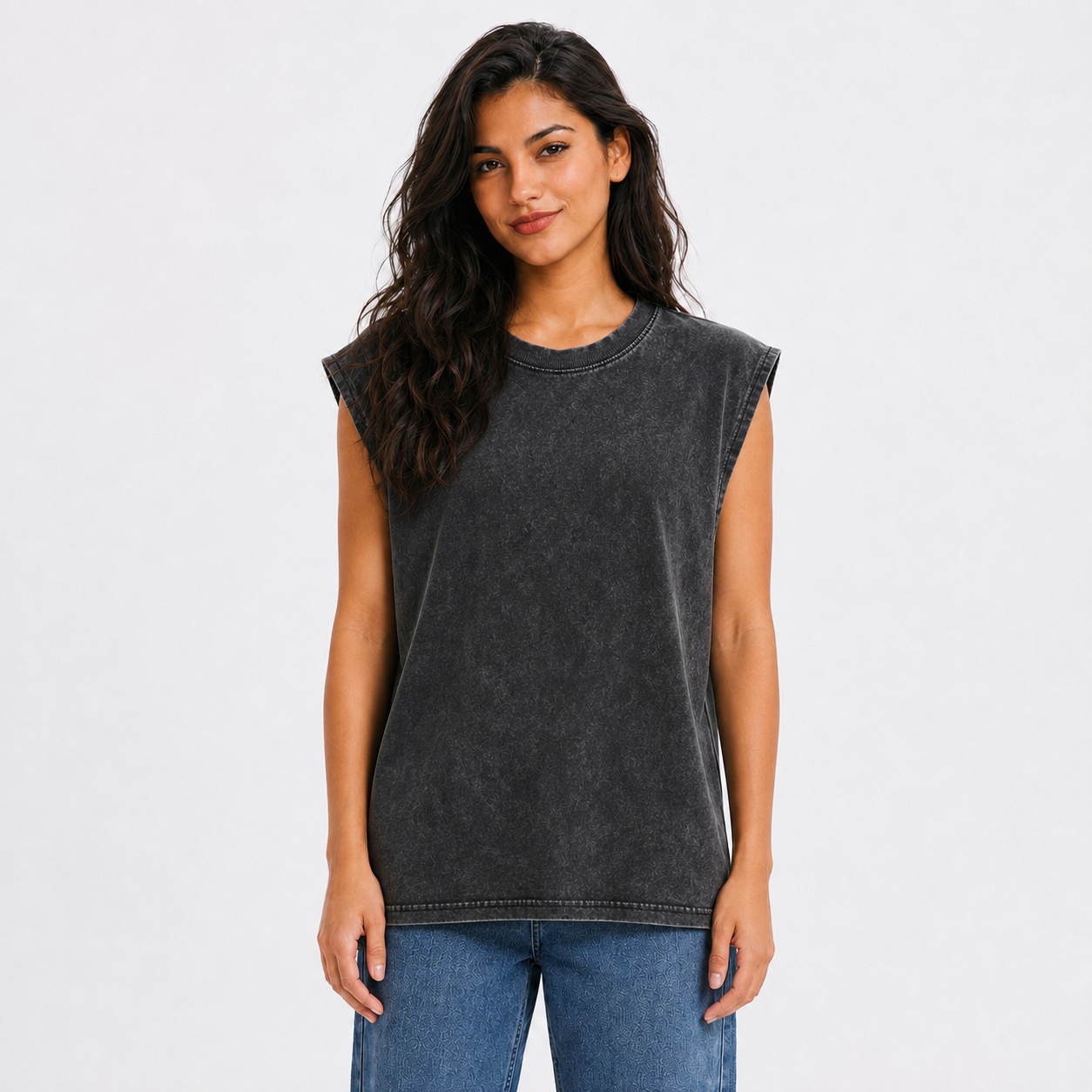 Anthony Bourdain Middle Finger Vintage Washed Tank – black worn by a model