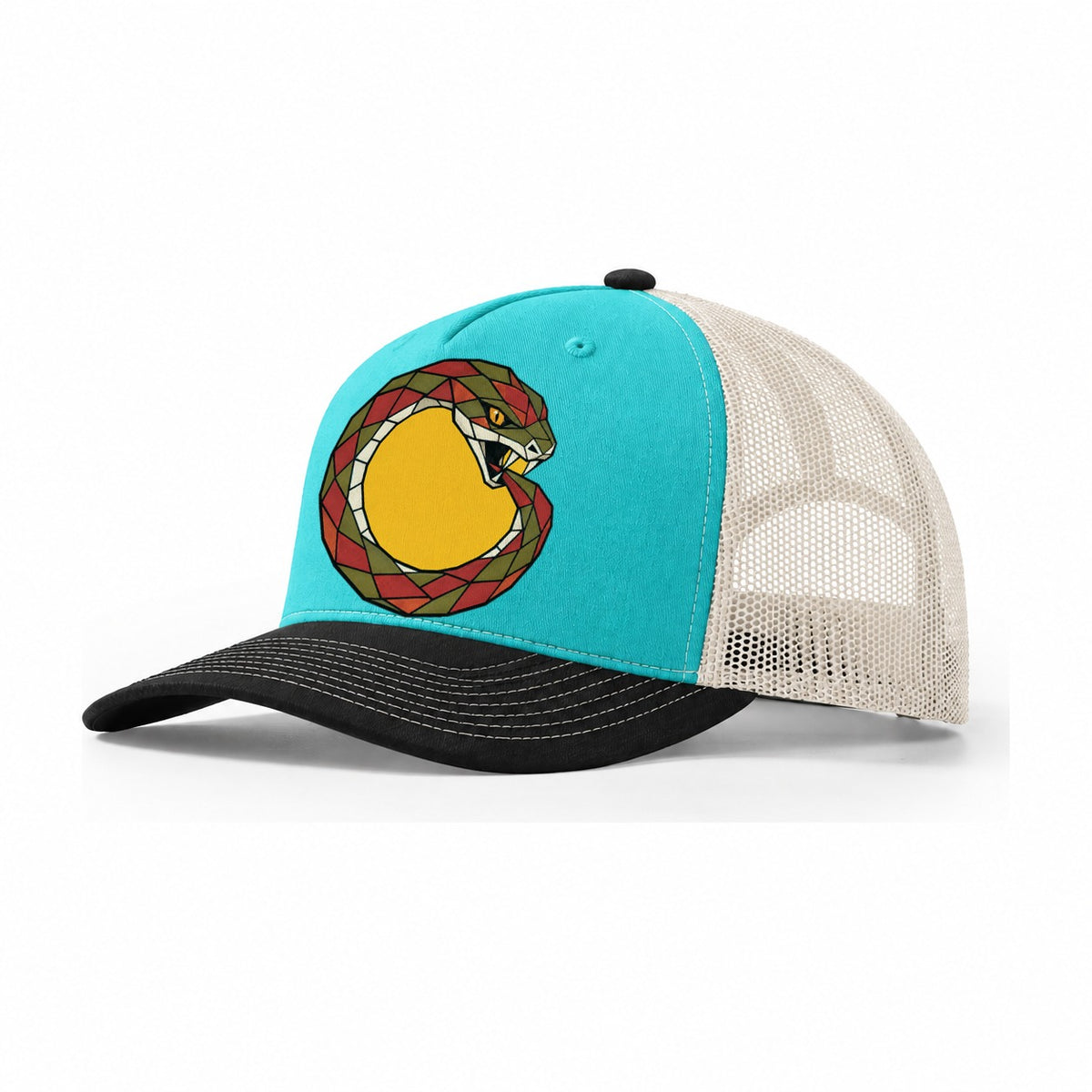 Ouroboros Serpent Circle Trucker Hat – Aqua Black White